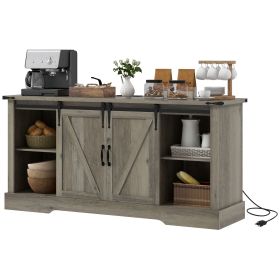 Mid Morden Sideboard, 16" Tall Cabinet with Sliding Barn Door & Charging Station, 65" TV Stand for Living Room, Gray