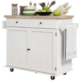 Mobile Kitchen Island, Solid Wood Top Breakfast Nook with Drawer and Doors, Kitchen Cart with Adjustable Shelf, White