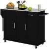 Black Mobile Kitchen Command: Rolling Island with Stainless Top, Drawers, Cabinets & Racks