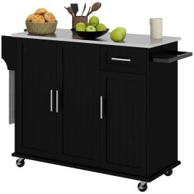 Black Mobile Kitchen Command: Rolling Island with Stainless Top, Drawers, Cabinets & Racks
