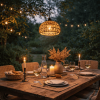 2 Pack Battery Operated Pendant Light Outdoor Chandelier for Gazebo Hanging Lamp with LED Bulb Rattan Shade Waterproof Lantern for Porch Patio Backyar