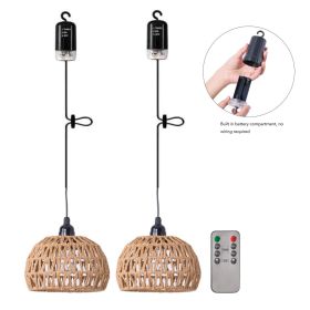 2 Pack Battery Operated Pendant Light Outdoor Chandelier for Gazebo Hanging Lamp with LED Bulb Rattan Shade Waterproof Lantern for Porch Patio Backyar