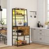 Industrial Kitchen Shelving Unit, Open Shelves for Kitchen w/ Charging Station, Towel Rack & LED Lights, Rustic Brown