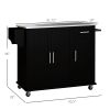 Black Mobile Kitchen Command: Rolling Island with Stainless Top, Drawers, Cabinets & Racks