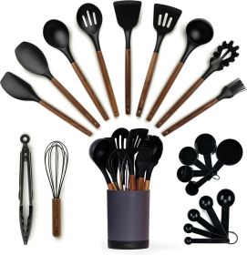 Kitchen Utensils Set – 22-Piece Silicone Cooking Utensils Set, Spatula Set with Holder, Wooden Handle Silicone Kitchen Gadgets for Nonstick Cookware (Color: Black)