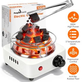 Electric Charcoal Burner 500W Hookah Charcoal Burner Compact Coal Burner for Hooka Cubes Shisha with Grill and Tongs 5 Temperature Gears Thermostat Co (Color: White)